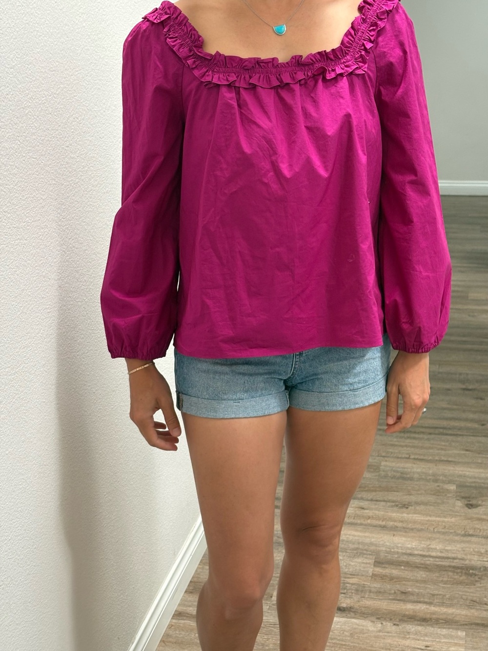 J. Crew Cotton Ruffled Square-Neck Blouse in Magenta Pink